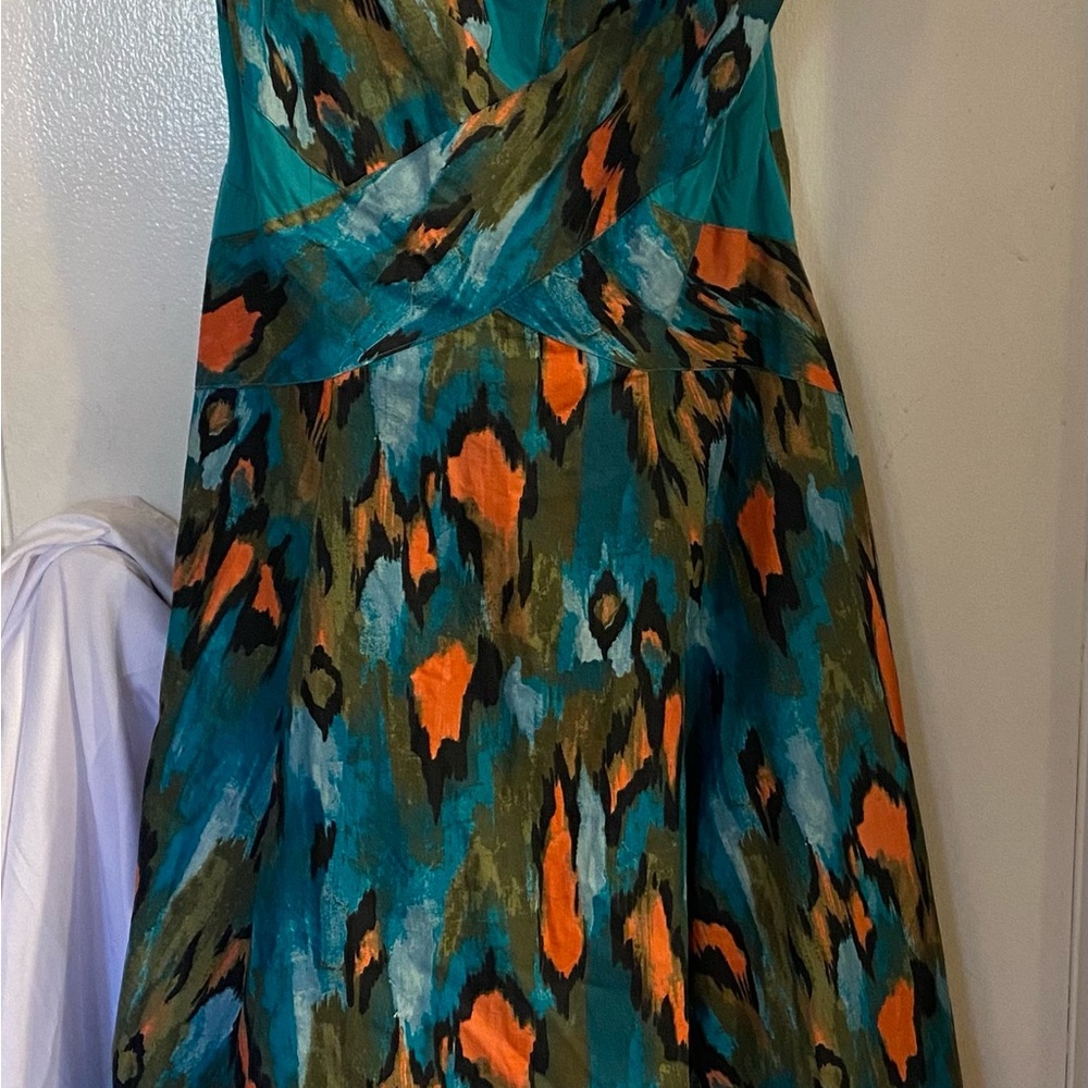 Anthropologie Strapless Dress in Teal and Orange